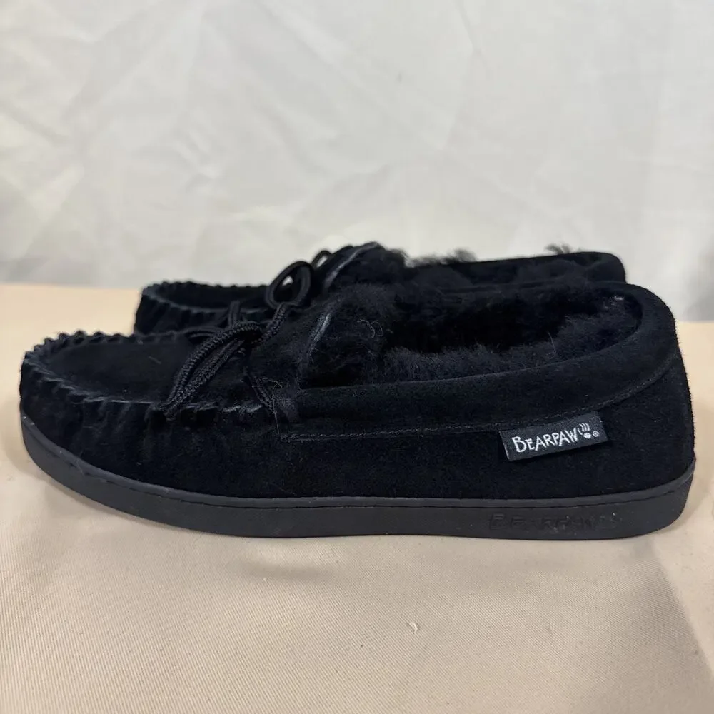 BEARPAW Mens 8 Black Suede Moccasin Slippers Fur Lined Tie Indoor Outdoor